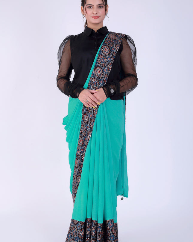 Ajrakh Teal Green Saree