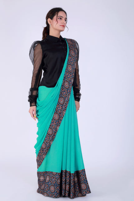 Ajrakh Teal Green Saree