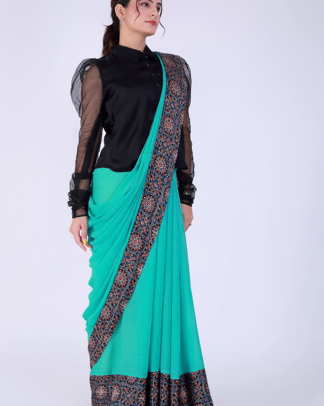 Ajrakh Teal Green Saree