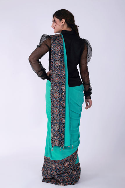 Ajrakh Teal Green Saree