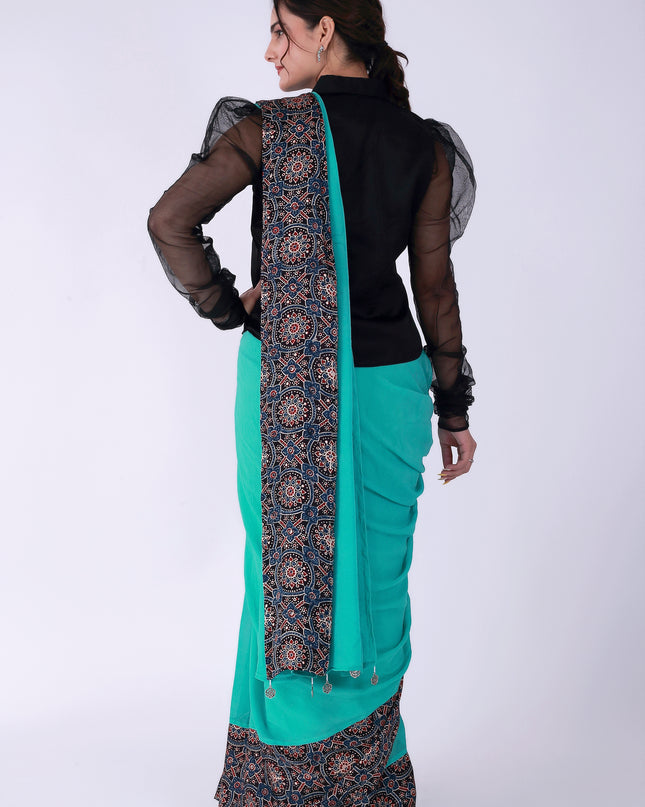 Ajrakh Teal Green Saree