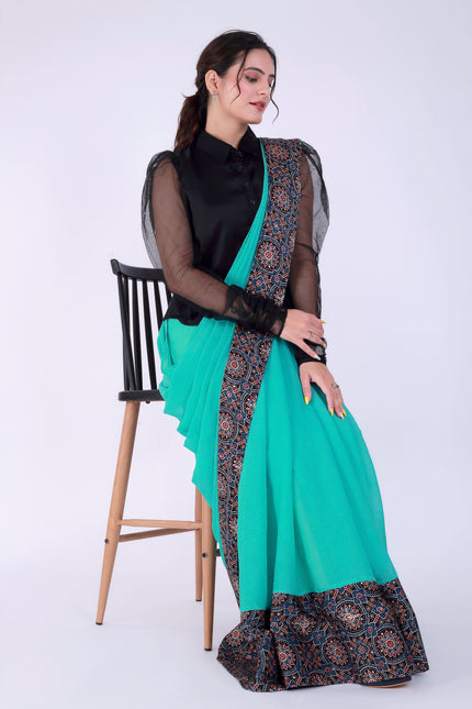 Ajrakh Teal Green Saree