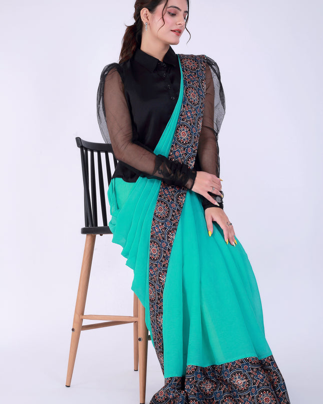 Ajrakh Teal Green Saree