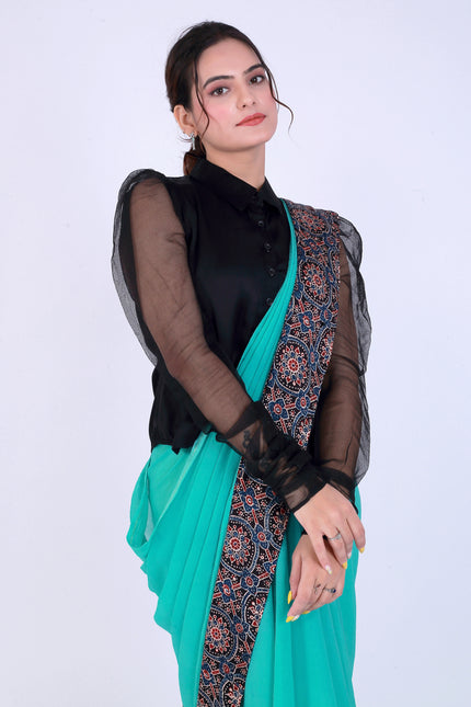 Ajrakh Teal Green Saree