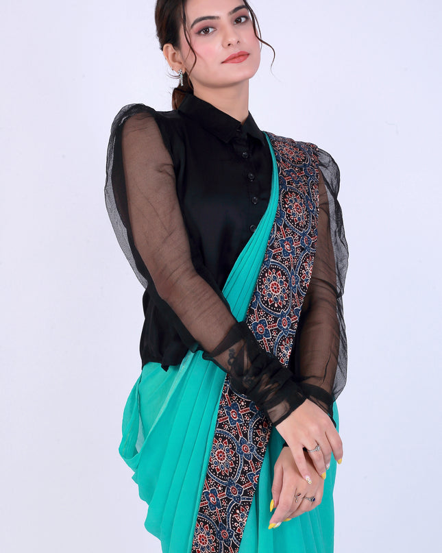 Ajrakh Teal Green Saree