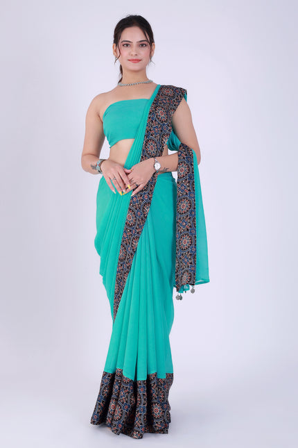 Ajrakh Teal Green Saree