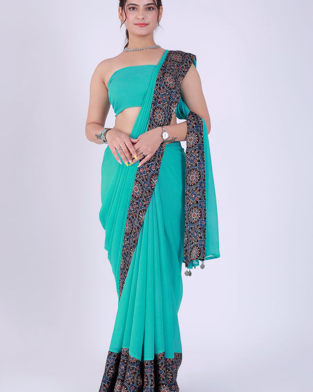 Ajrakh Teal Green Saree