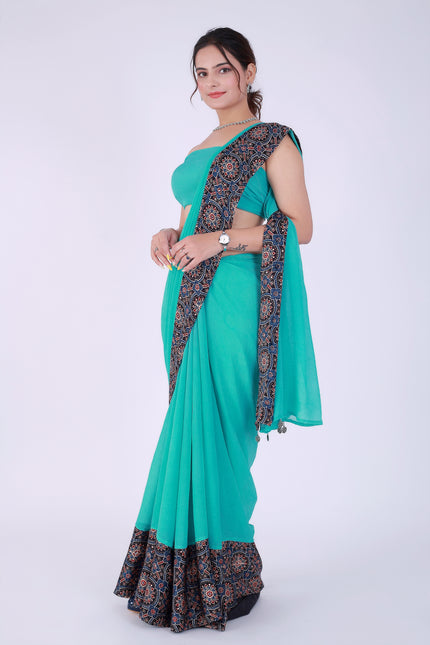 Ajrakh Teal Green Saree