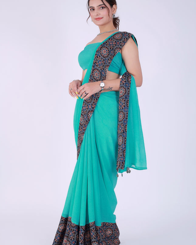 Ajrakh Teal Green Saree