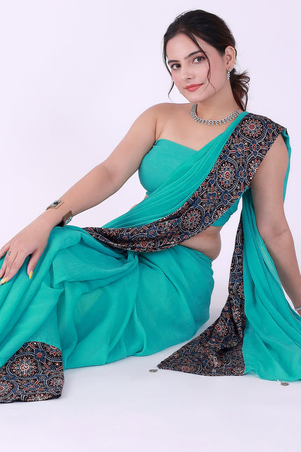 Ajrakh Teal Green Saree