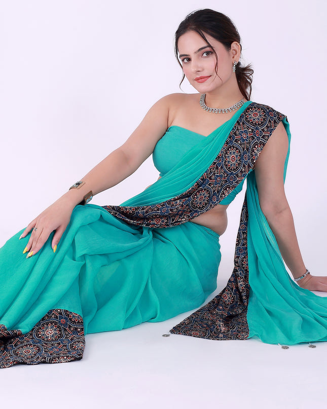 Ajrakh Teal Green Saree