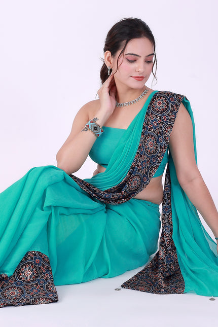Ajrakh Teal Green Saree