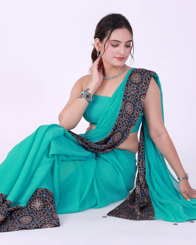 Ajrakh Teal Green Saree