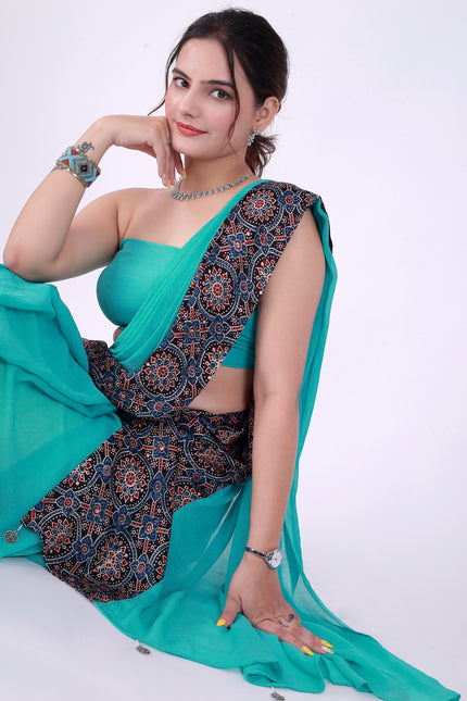 Ajrakh Teal Green Saree