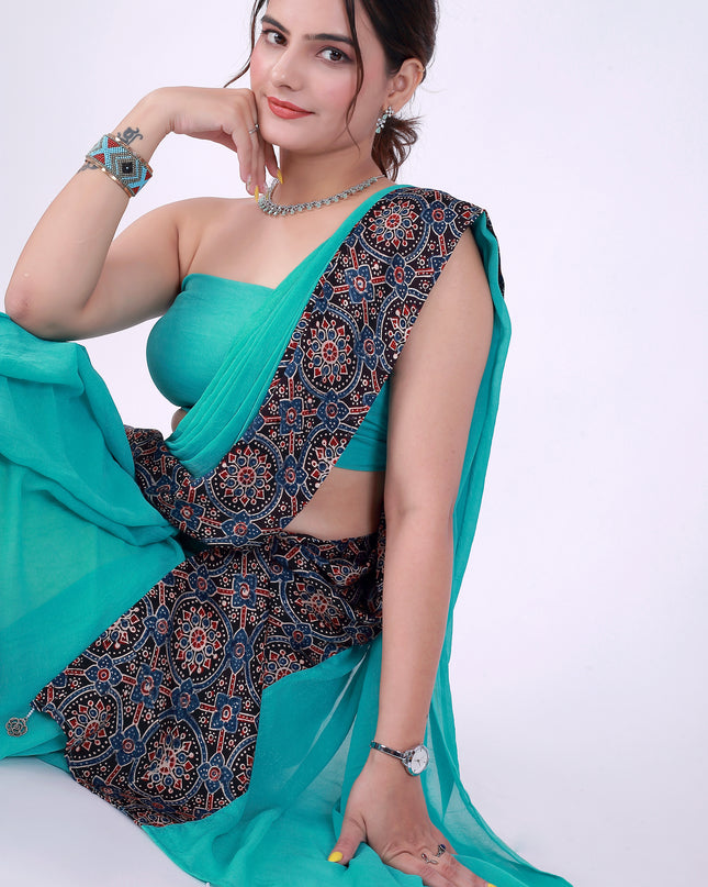 Ajrakh Teal Green Saree