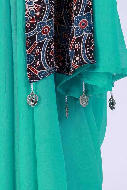 Ajrakh Teal Green Saree