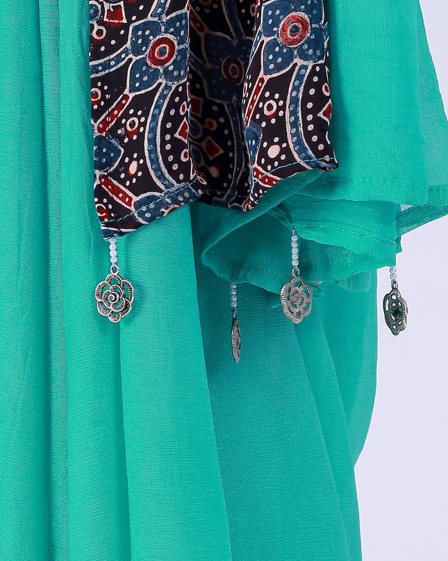 Ajrakh Teal Green Saree