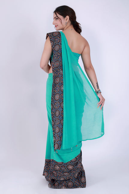 Ajrakh Teal Green Saree