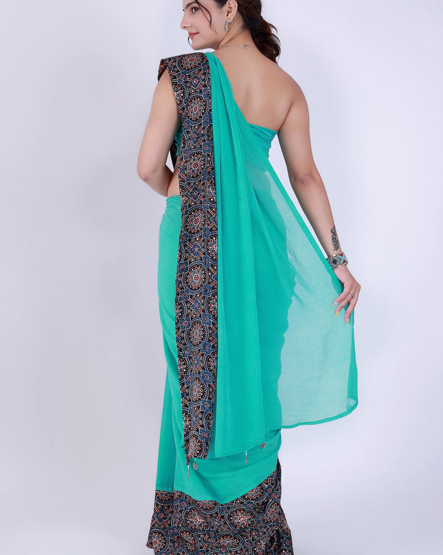 Ajrakh Teal Green Saree