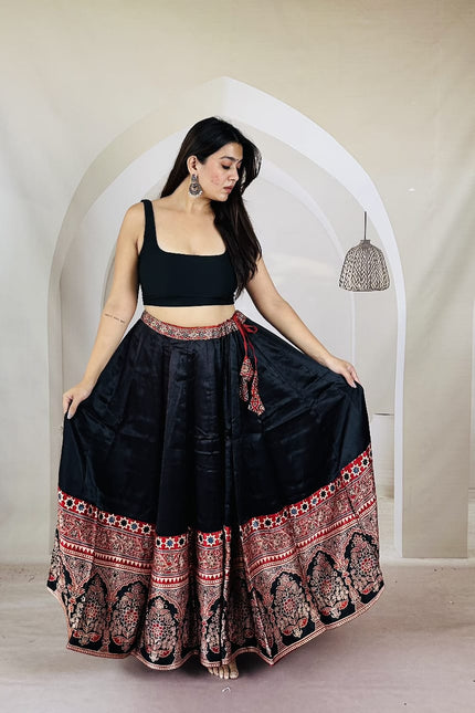 Pure Ajrakh Free-Size Mashru Silk Chaniya - Black