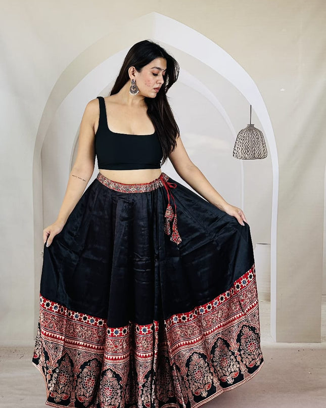 Pure Ajrakh Free-Size Mashru Silk Chaniya - Black