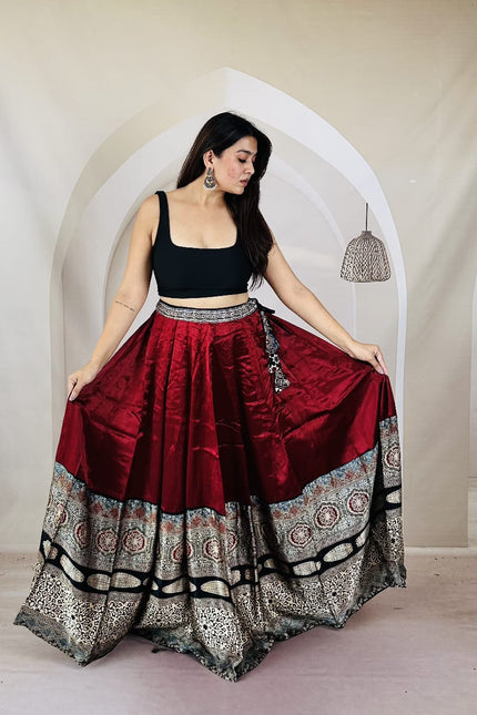 Pure Ajrakh Free-Size Mashru Silk Chaniya - Red & Black