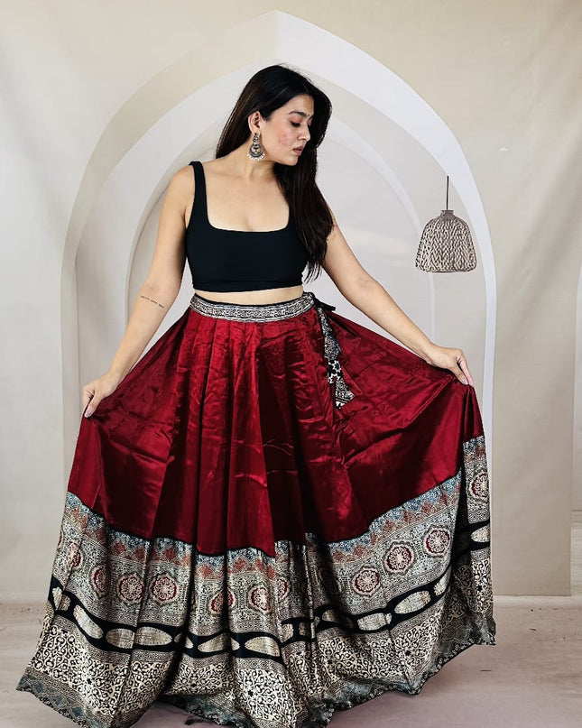 Pure Ajrakh Free-Size Mashru Silk Chaniya - Red & Black