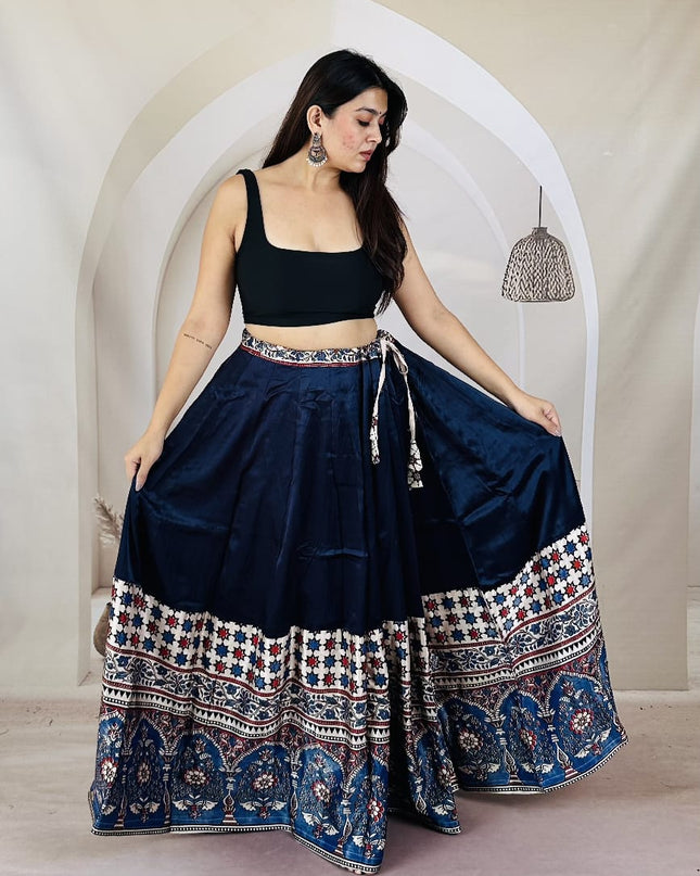 Pure Ajrakh Free-Size Mashru Silk Chaniya - Blue