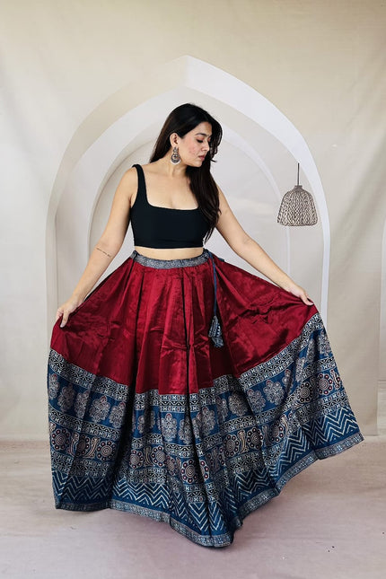 Pure Ajrakh Free-Size Mashru Silk Chaniya - Red & Blue