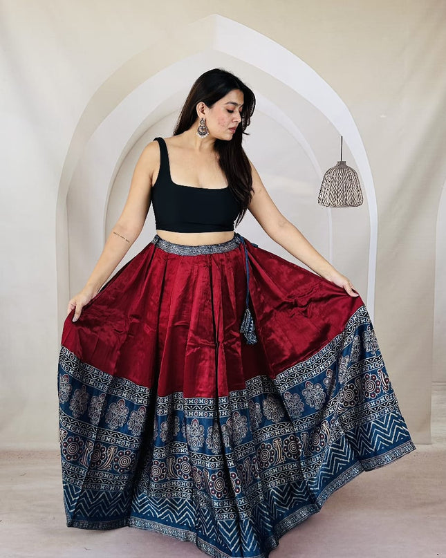 Pure Ajrakh Free-Size Mashru Silk Chaniya - Red & Blue