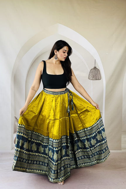 Pure Ajrakh Free-Size Mashru Silk Chaniya - Mustard Yellow