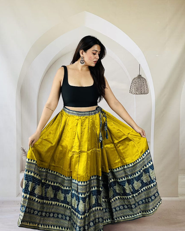 Pure Ajrakh Free-Size Mashru Silk Chaniya - Mustard Yellow