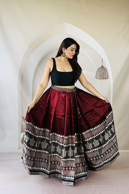 Pure Ajrakh Free-Size Mashru Silk Chaniya - Black & Red