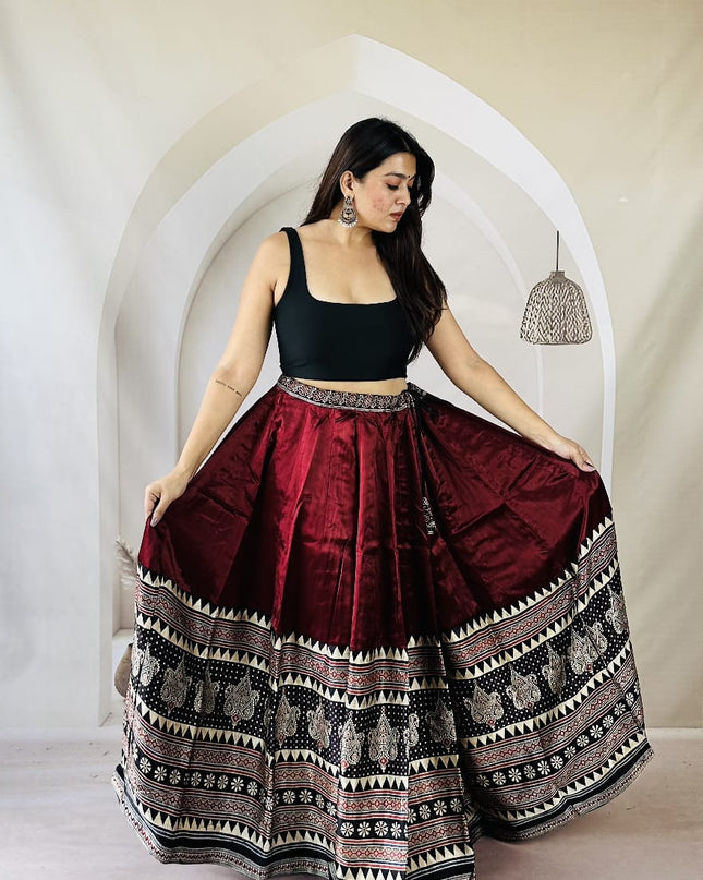 Pure Ajrakh Free-Size Mashru Silk Chaniya - Black & Red