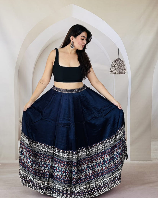 Pure Ajrakh Free-Size Mashru Silk Chaniya - Navy Blue